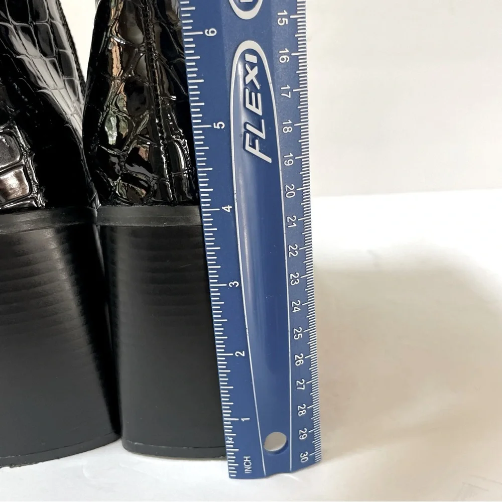 Nasty Gal Faux Leather Black Patent Croc Flared Heeled Ankle Boots Size 8